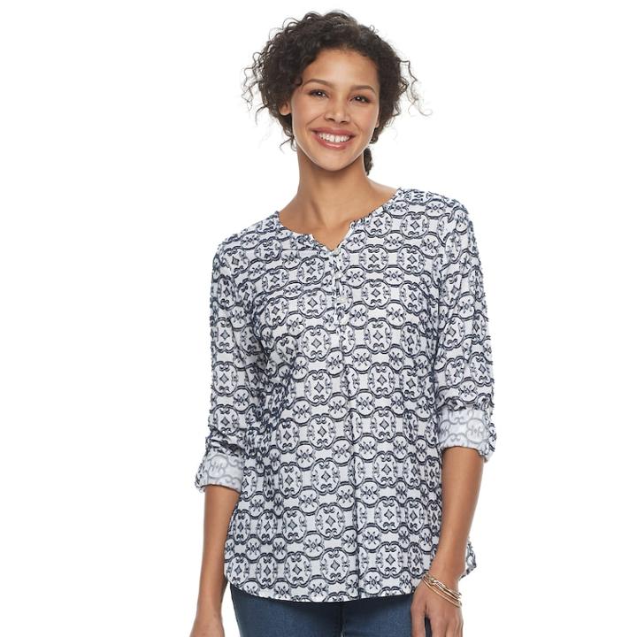 Women's Croft & Barrow&reg; Print Henley Top, Size: Large, White