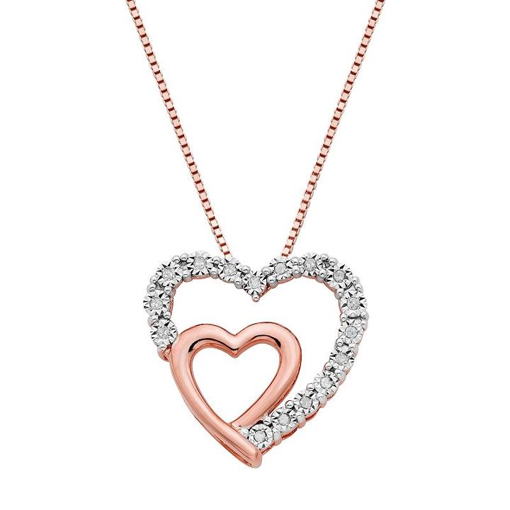 18k Rose Gold Over Silver 1/10 Carat T.w. Diamond Double Heart Pendant, Women's, White