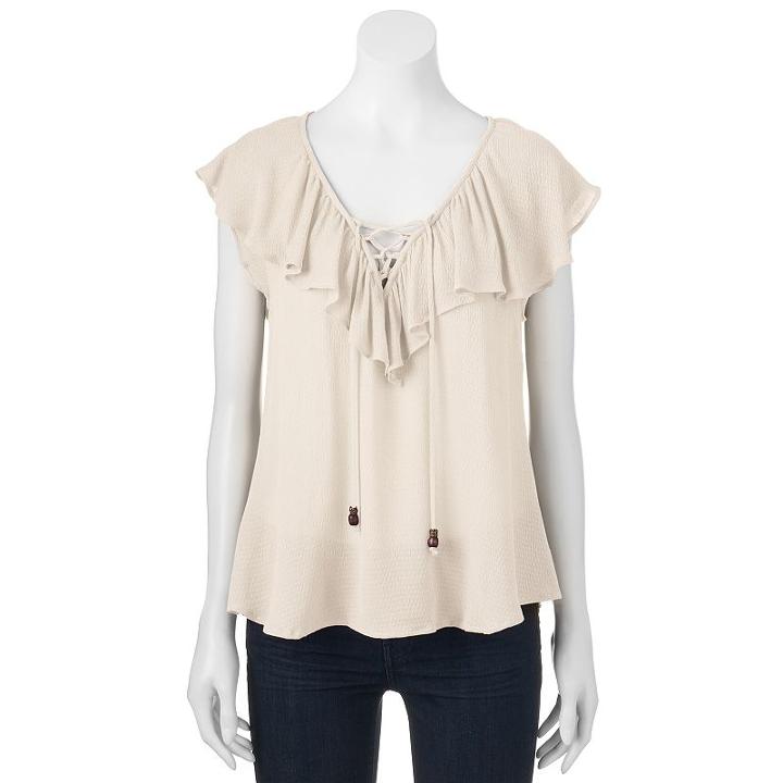 Juniors' Rewind Ruffle Lace-up Top, Teens, Size: Xl, Natural