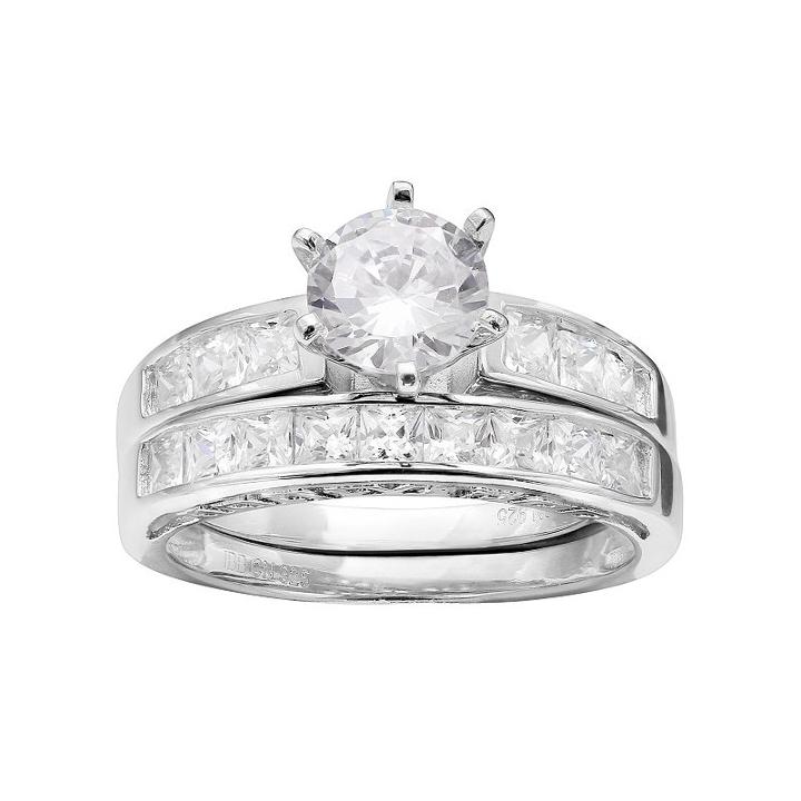 Pure 925 Sterling Silver Cubic Zirconia Engagement Ring Set, Women's, Size: 9, Grey