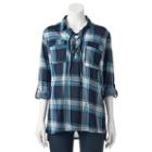Women's French Laundry Plaid Lace-up Tunic, Size: Large, Blue Other
