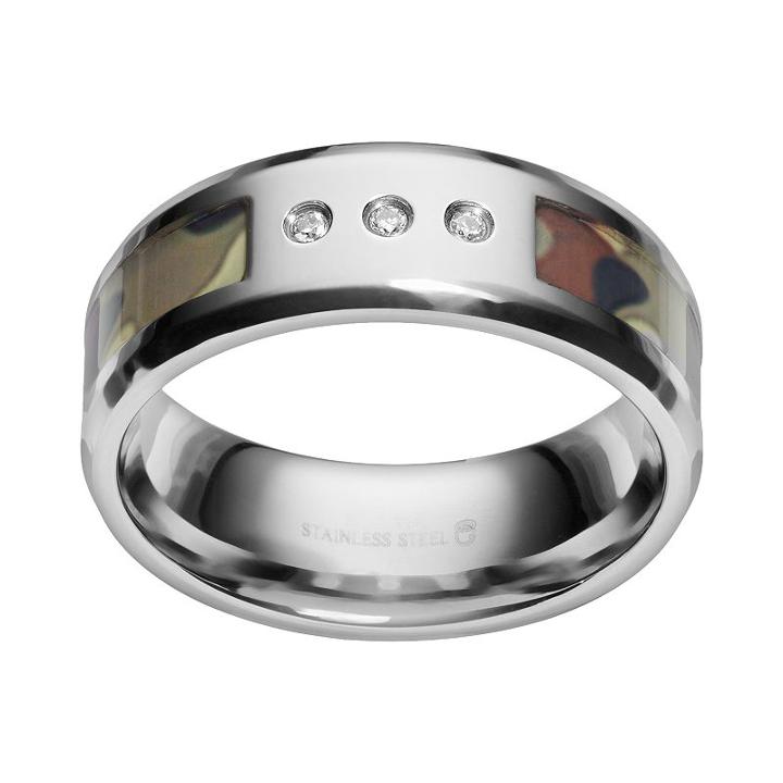 Diamond Accent Stainless Steel Camouflage Stripe Wedding Band - Men, Size: 10, Brown
