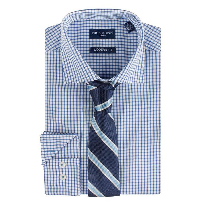 Men's Nick Dunn Modern-fit Patterned Easy-care Spread-collar Dress Shirt & Tie Set, Size: L-34/35, Blue