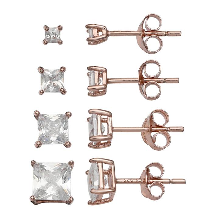 Primrose 18k Rose Gold Over Silver Cubic Zirconia Square Stud Earring Set, Women's, White