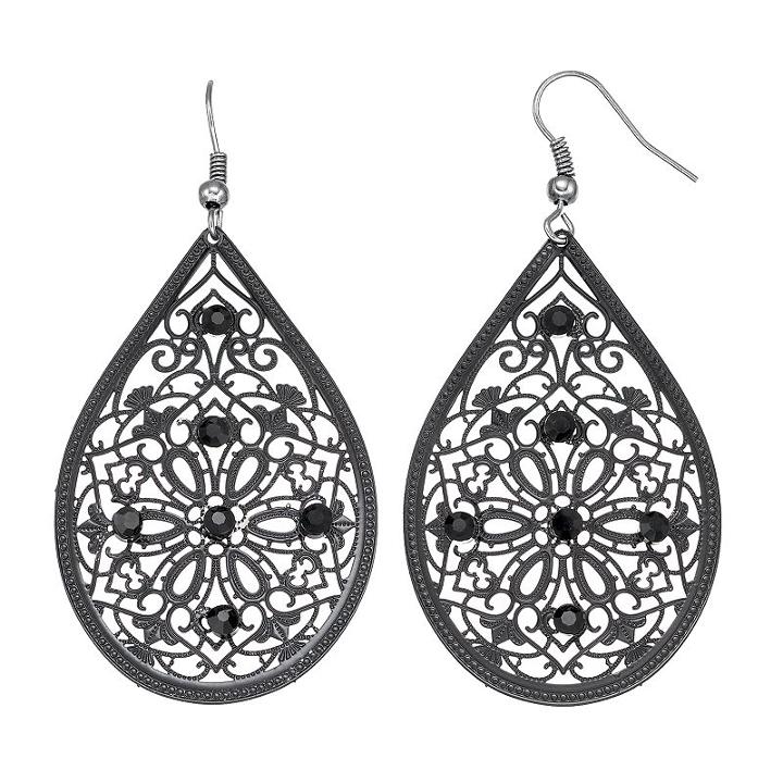 Black Filigree Nickel Free Teardrop Earrings, Women's, Oxford