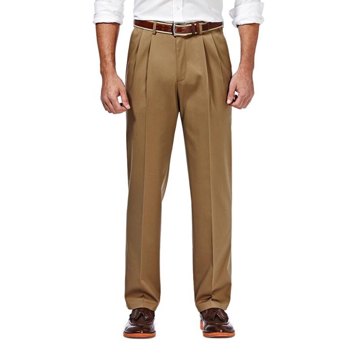 Men's Haggar Premium No Iron Khaki Stretch Classic-fit Pleated Pants, Size: 42x29, Beig/green (beig/khaki)