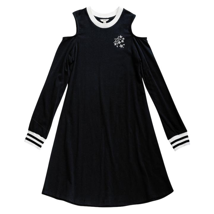Girls 7-16 Maddie Knit Cold Shoulder Varsity Dress, Size: Medium, Black