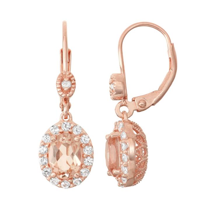 14k Rose Gold Over Silver Simulated Morganite & Diamond Accent Halo Drop Earrings, Women's, Pink