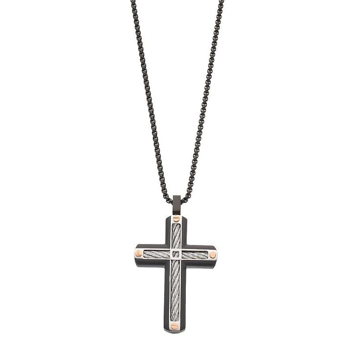 Lynx Men's Tri Tone Stainless Steel Cable Cross Pendant Necklace, Size: 24, Silver