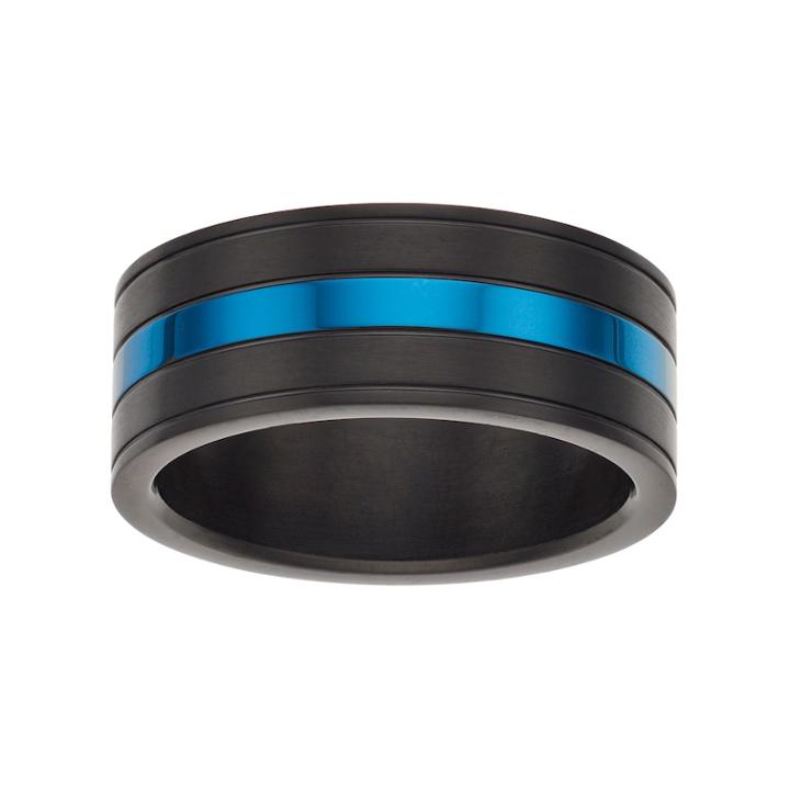 Lynx Men's Striped Black & Blue Stainless Steel Ring, Size: 10, Grey