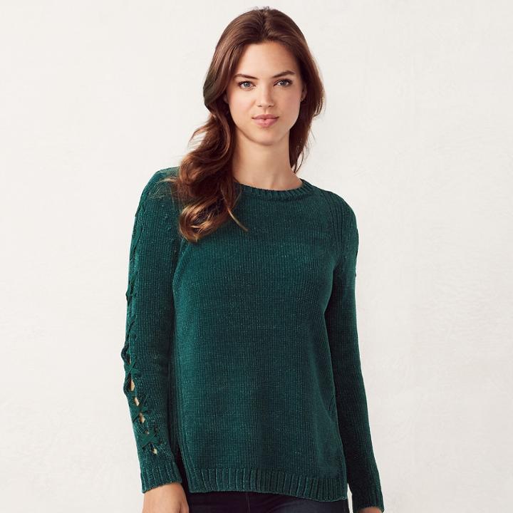 Women's Lc Lauren Conrad Chenille Lace-up Crewneck Sweater, Size: Medium, Green