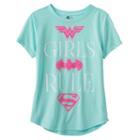 Girls 7-16 Girls Rule Wonder Woman, Batgirl & Supergirl Glitter Graphic Tee, Girl's, Size: Small, Light Blue