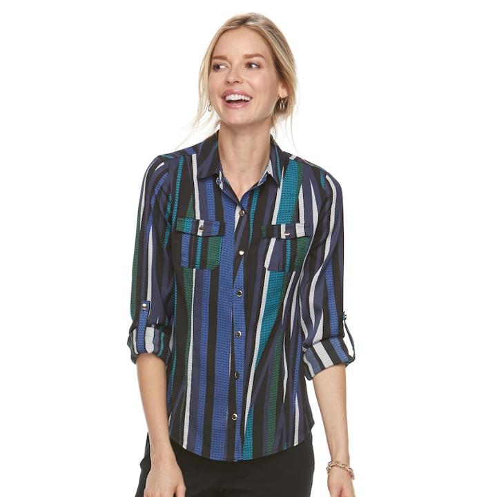 Women's Dana Buchman Nailhead Camp Shirt, Size: Large, Blue