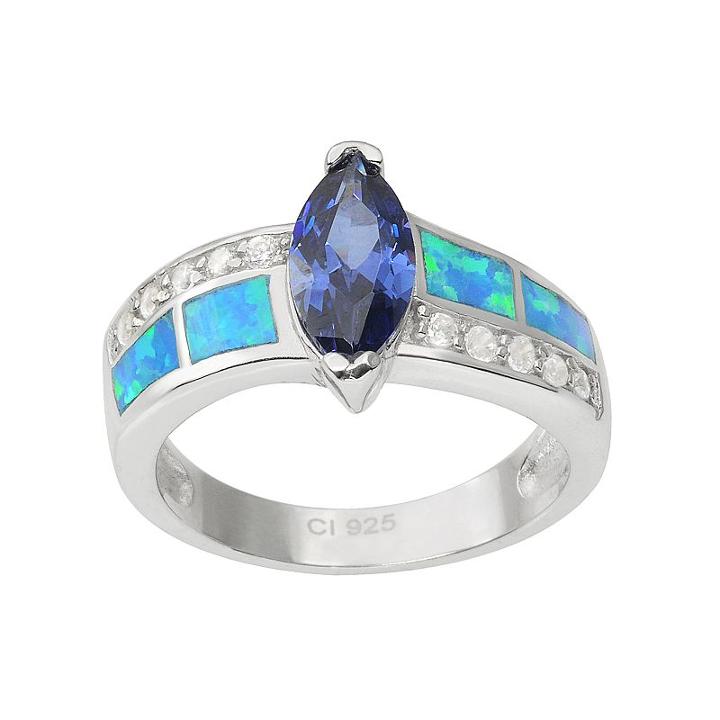Journee Collection Cubic Zirconia And Simulated Opal Sterling Silver Ring, Women's, Size: 6, Blue