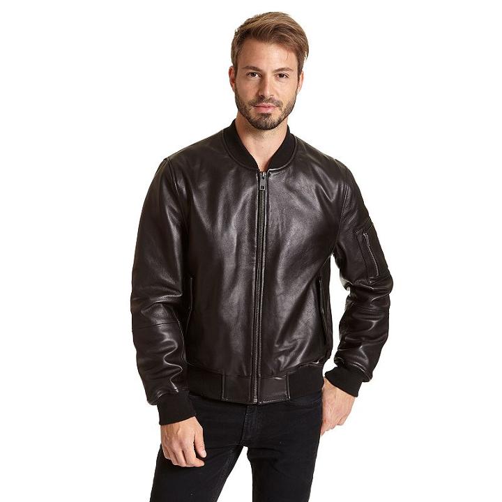 Excelled, Men's Leather Bomber Jacket, Size: Large, Black