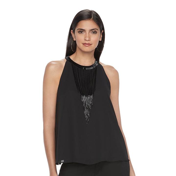 Women's Jennifer Lopez Fringe Halter Tank, Size: Medium, Black
