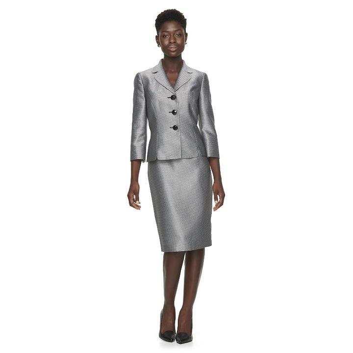 Women's Le Suit Herringbone Suit Jacket & Pencil Skirt Set, Size: 16, Black