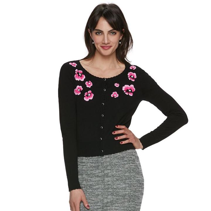 Women's Elle&trade; Floral Embroidered Cardigan, Size: Xl, Black
