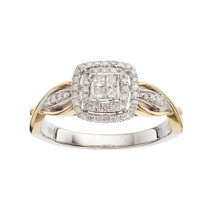 Two Tone Sterling Silver 1/4 Carat T.w. Diamond Square Halo Ring, Women's, Size: 7, White