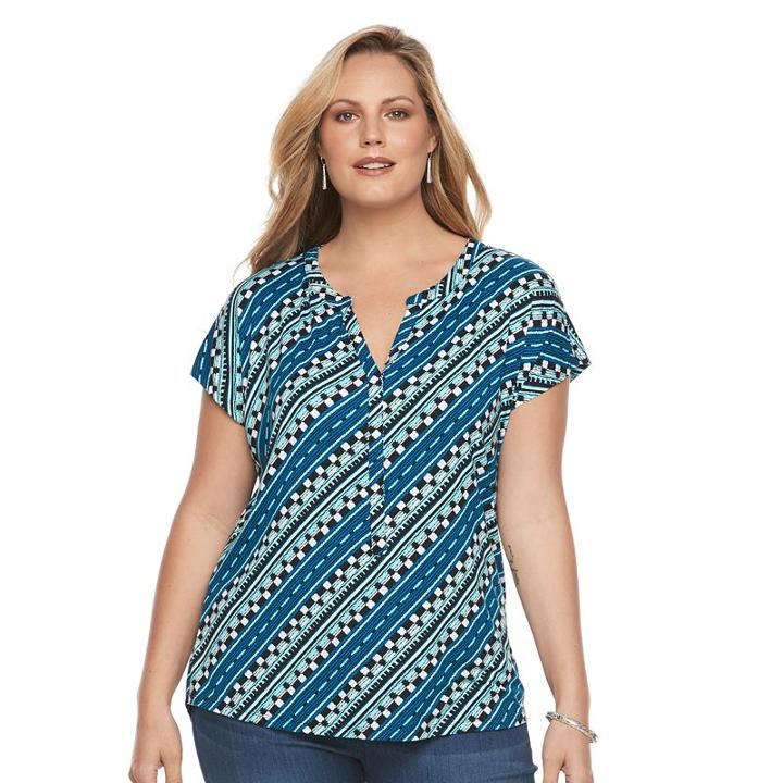 Plus Size Dana Buchman Printed Splitneck Top, Women's, Size: 1xl, Brt Blue