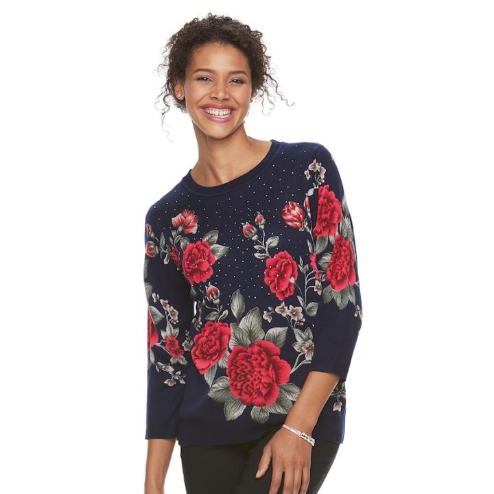 Women's Cathy Daniels Floral Print Sweater, Size: Large, Red Roses