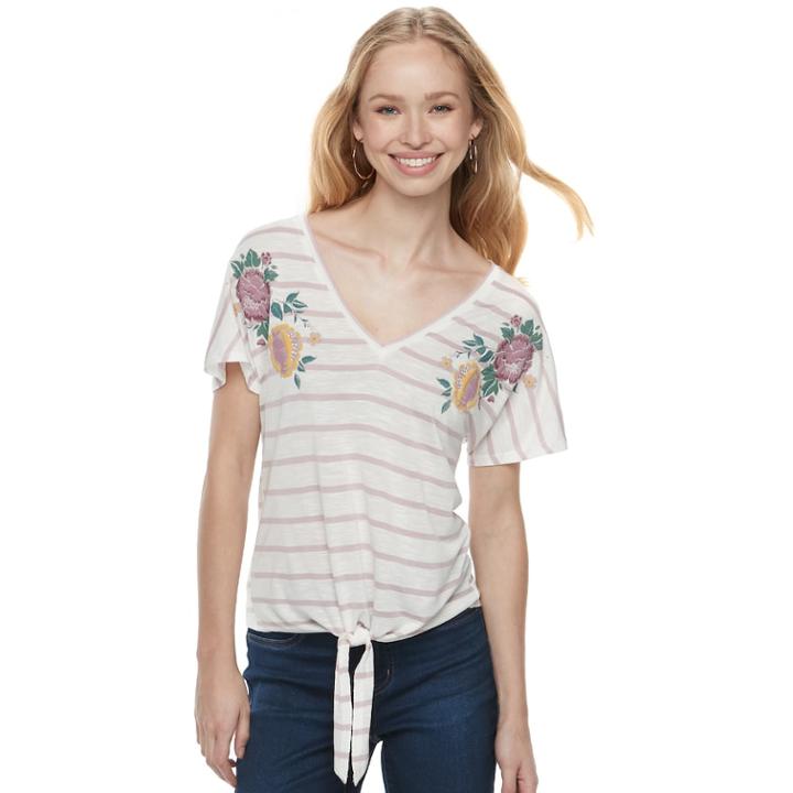 Juniors' About A Girl Embroidered Tie-front Tee, Size: Medium, Lt Purple