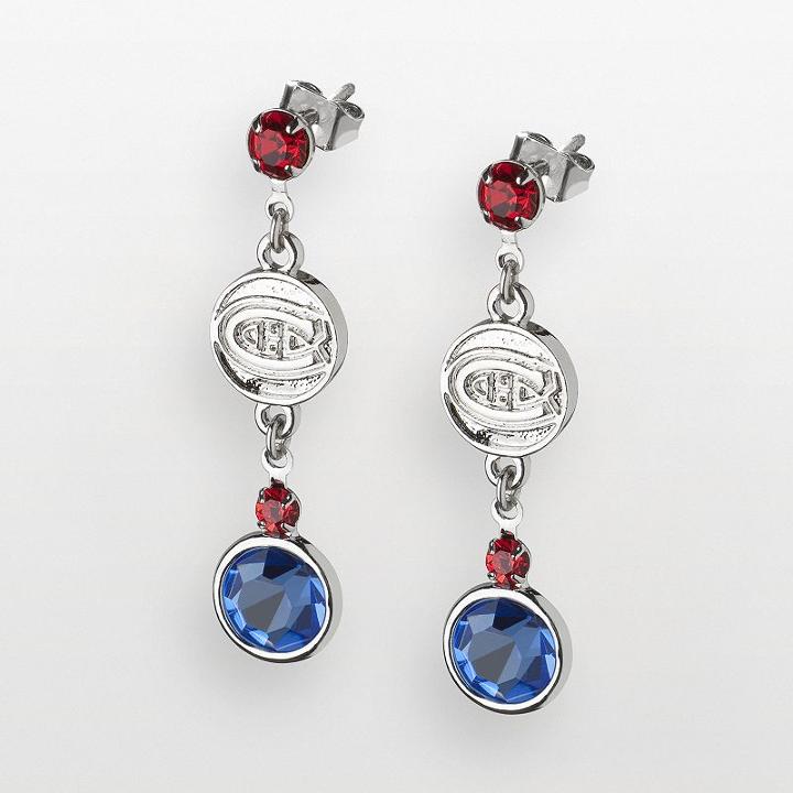 Logoart Montreal Canadiens Silver Tone Crystal Logo Linear Drop Earrings, Women's, Multicolor