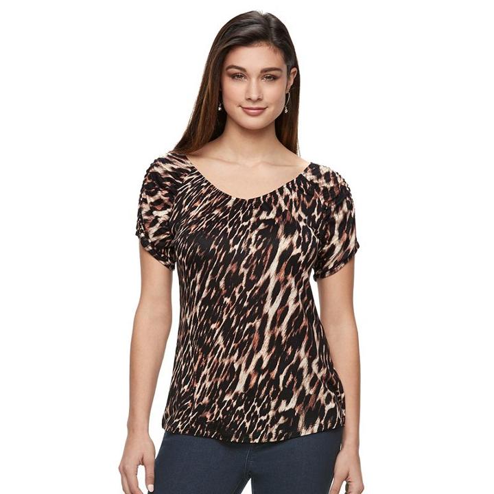 Petite Jennifer Lopez Ruched V-neck Tee, Women's, Size: S Petite, Brown