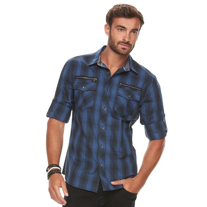 Men's Rock & Republic Plaid Button-down Shirt, Size: Medium, Dark Blue