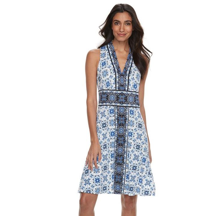 Petite Suite 7 Tile V-neck Fit & Flare Dress, Women's, Size: 8 Petite, Blue Other