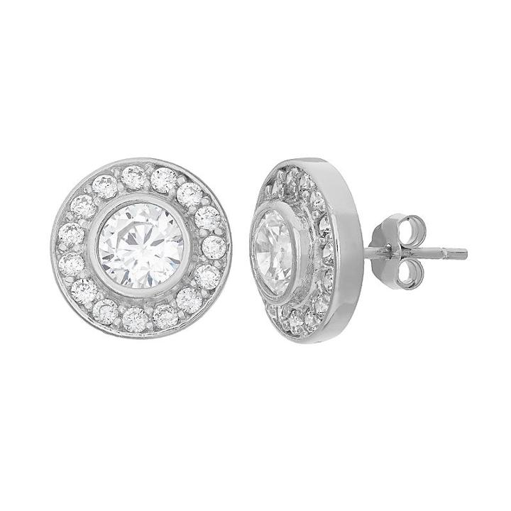 Cubic Zirconia Sterling Silver Halo Button Stud Earrings, Women's, White