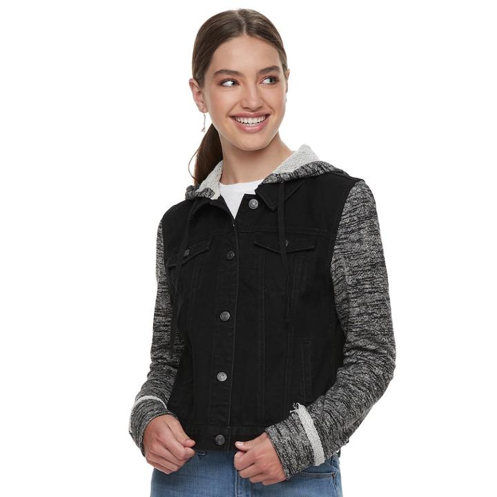 Juniors' Mudd&reg; Hooded Knit Sleeve Jean Jacket, Teens, Size: Large, Oxford