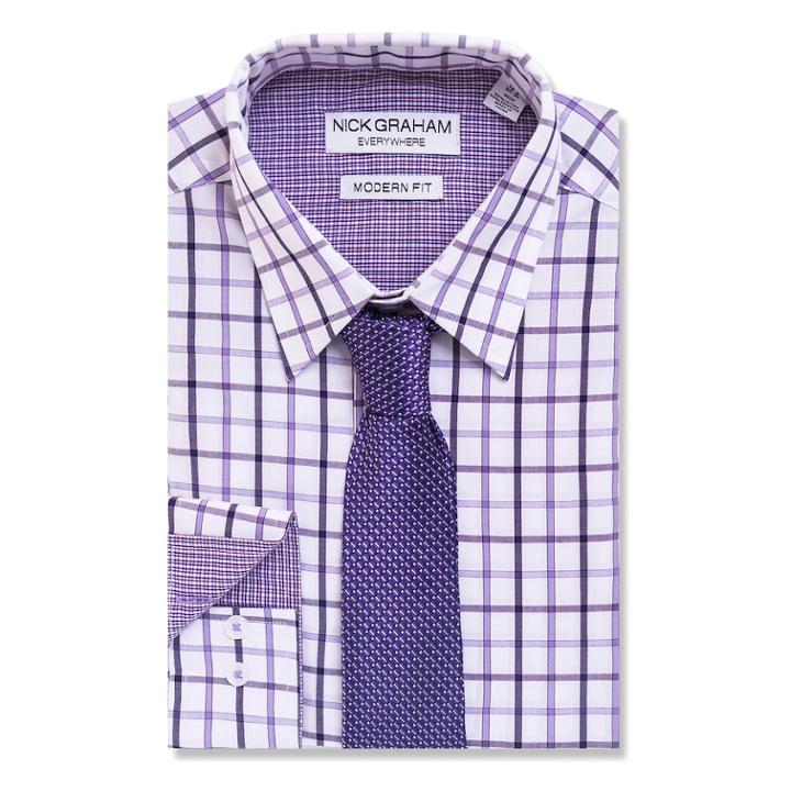 Men's Nick Graham Everywhere Modern-fit Dress Shirt And Tie Boxed Set, Size: S 34/35, Purple