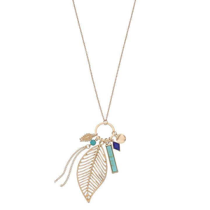 Long Tassel, Leaf & Simulated Turquoise Bar Charm Pendant Necklace, Women's, Turq/aqua
