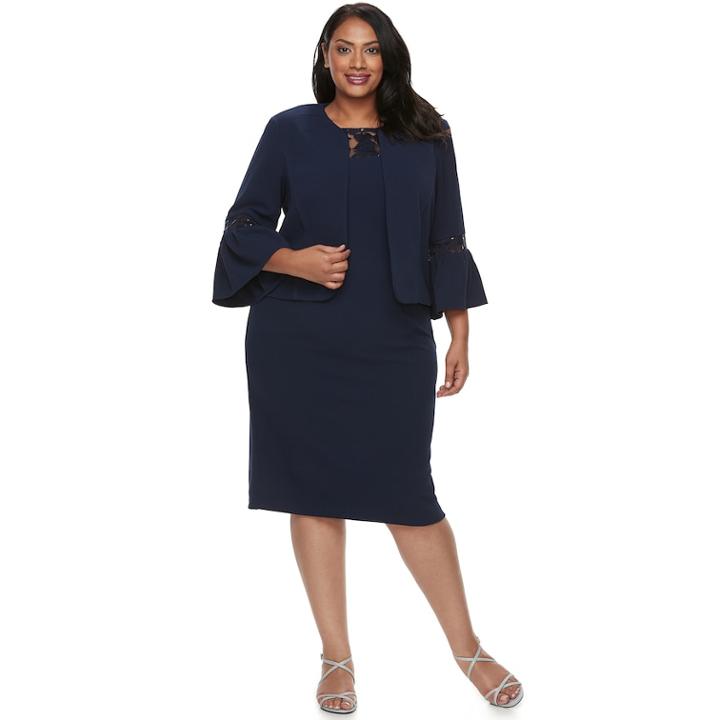 Plus Size Maya Brooke Bell Sleeve Jacket & Dress Set, Women's, Size: 22 W, Blue (navy)