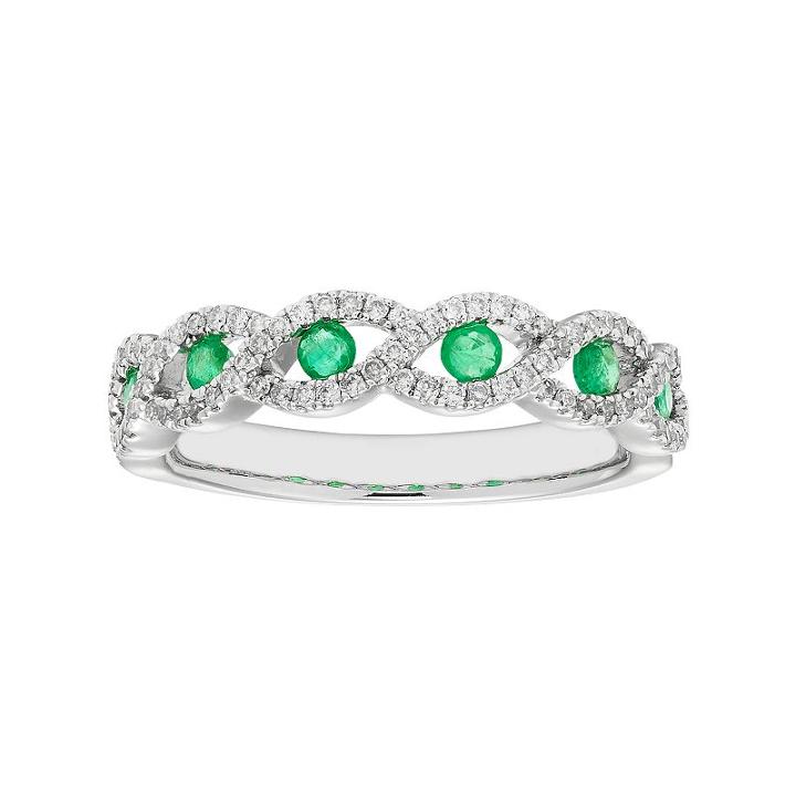 14k White Gold 1/4 Carat T.w. Diamond & Emerald Braided Ring, Women's, Size: 7.50, Green