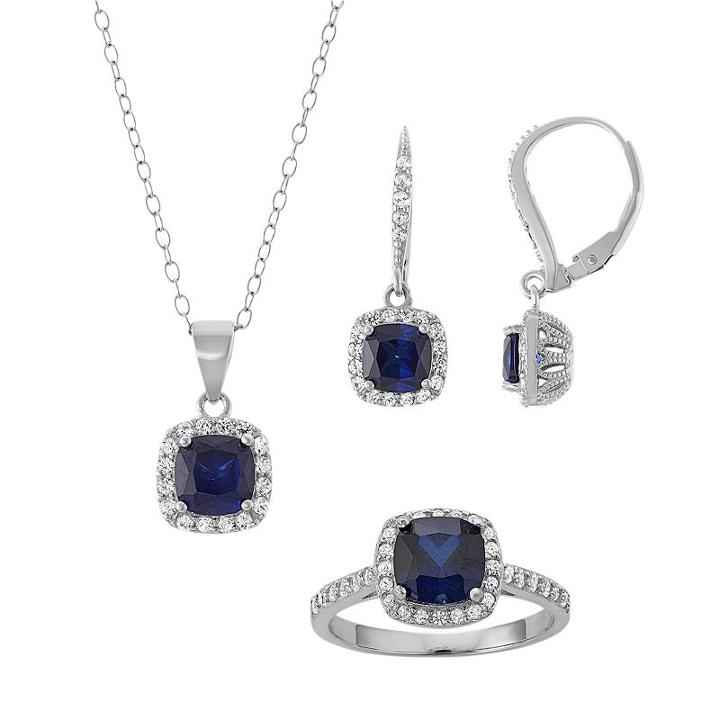 Sterling Silver Lab-created Blue & White Sapphire Halo Jewelry Set, Women's, Size: 7