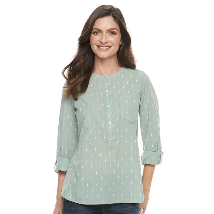 Women's Croft & Barrow&reg; Printed Roll-tab Henley Shirt, Size: Medium, Med Green