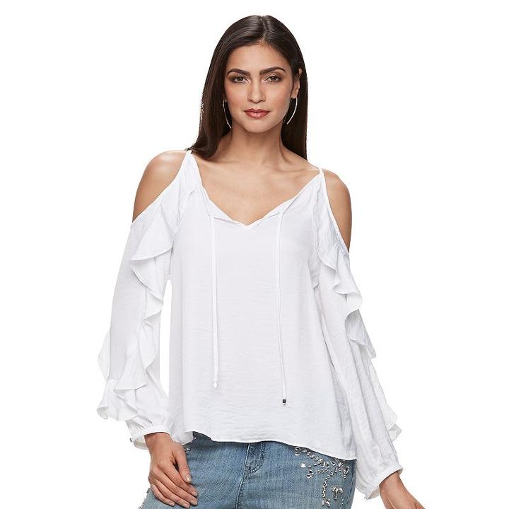 Women's Jennifer Lopez Cold-shoulder Ruffle Top, Size: Large, Lt Beige