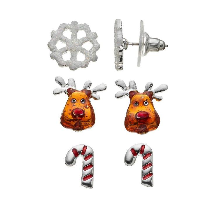 Candy Cane, Snowflake & Reindeer Stud Earring Set, Women's, Multicolor