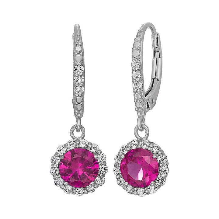 Lab-created Ruby And Lab-created White Sapphire Sterling Silver Halo Drop Earrings, Women's