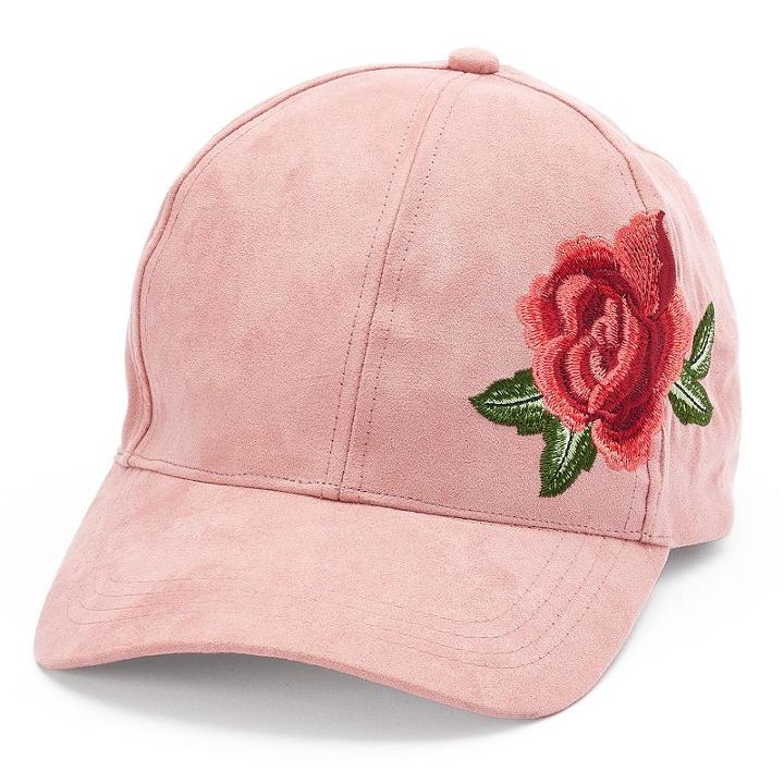 Women's David & Young Suede Embroidered Rose Baseball Cap, Light Red