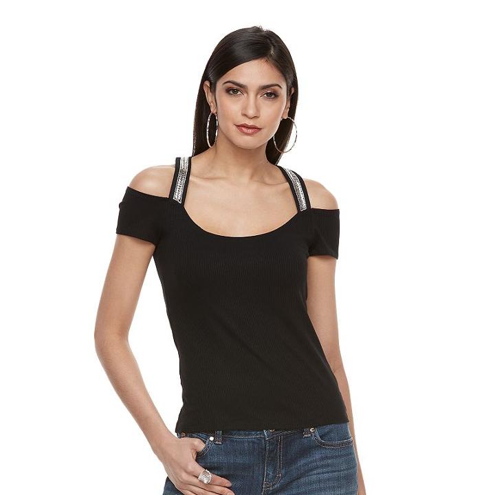 Women's Jennifer Lopez Beaded Cold-shoulder Tee, Size: Medium, Black