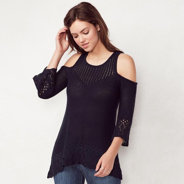 Women's Lc Lauren Conrad Pointelle Cold-shoulder Sweater, Size: Xxl, Dark Blue