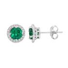 10k White Gold Lab-created Emerald Beaded Halo Stud Earrings, Women's, Green