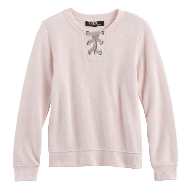 Girls 7-16 Sugar Rush Lace-up Neck Sweatshirt, Size: Large, Light Pink