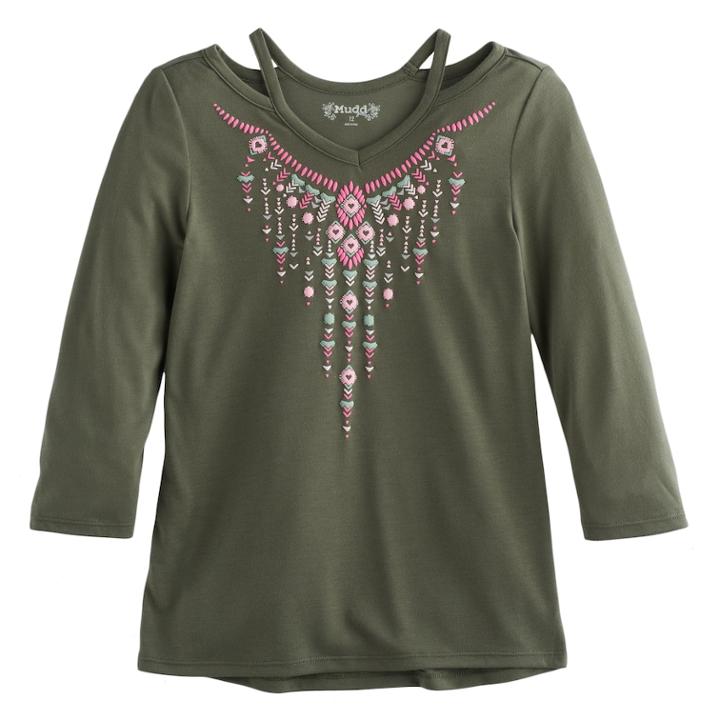 Girls 7-16 Mudd&reg; 3/4-sleeve Cutout Printed Tee, Size: 12, Med Green