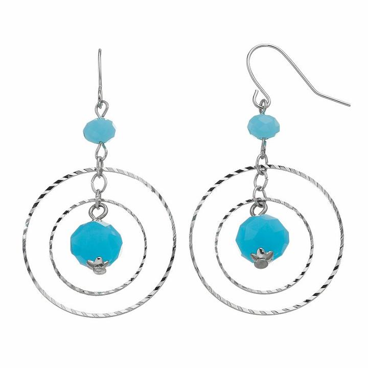 Aqua Bead Textured Orbital Drop Hoop Earrings, Women's, Turq/aqua