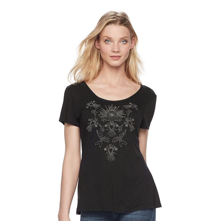 Women's Rock & Republic&reg; Strappy Embroidered Tee, Size: Medium, Black