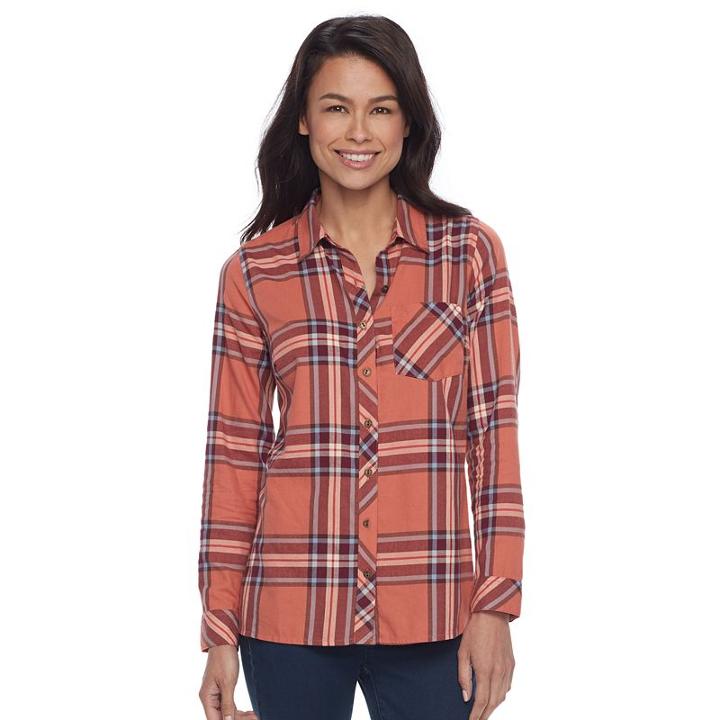 Petite Sonoma Goods For Life&trade; Essential Plaid Flannel Shirt, Women's, Size: S Petite, Med Orange